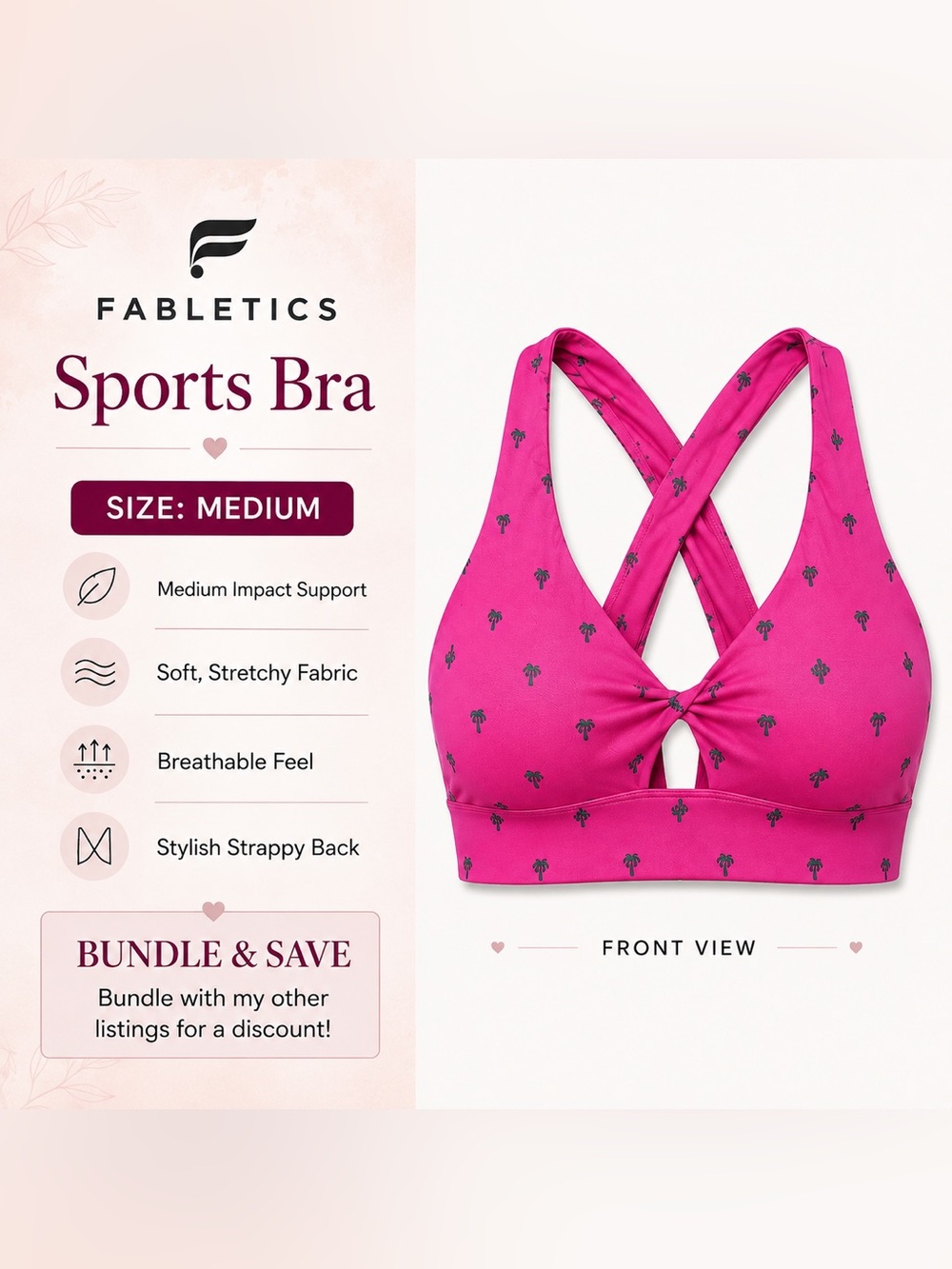 Fabletics medium Hot Pink Palm-Print Crisscross Sports Bra